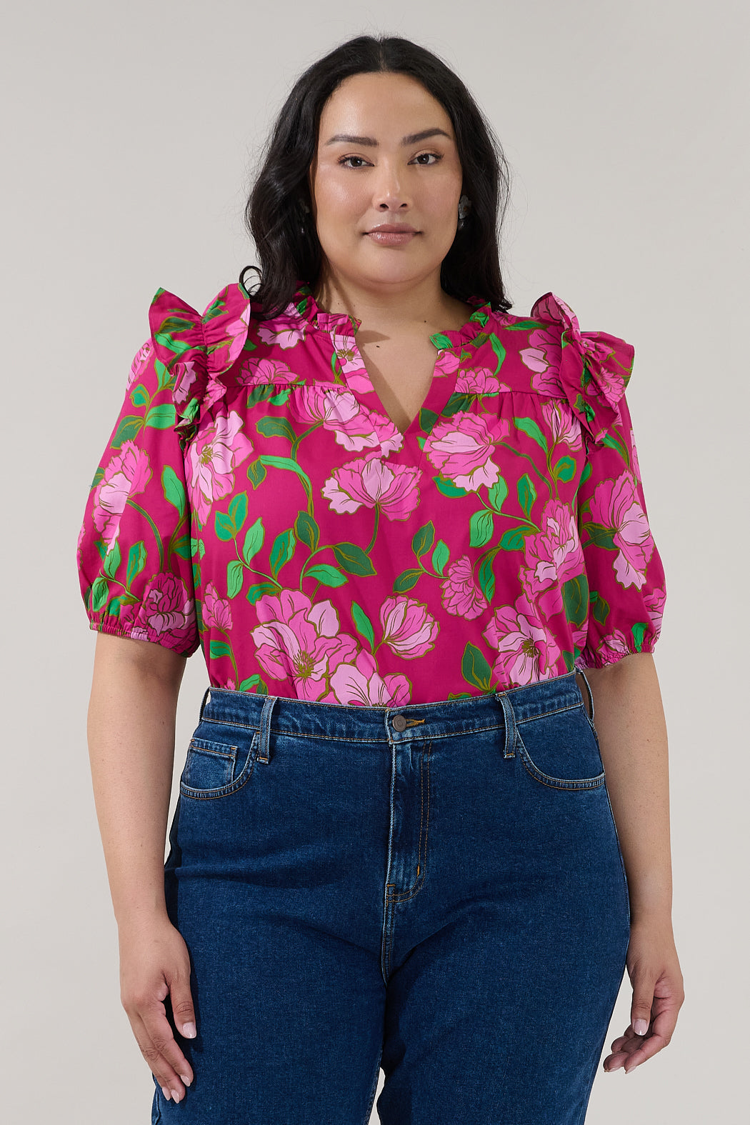 Paz Poplin Short Sleeve Top Floral Curve