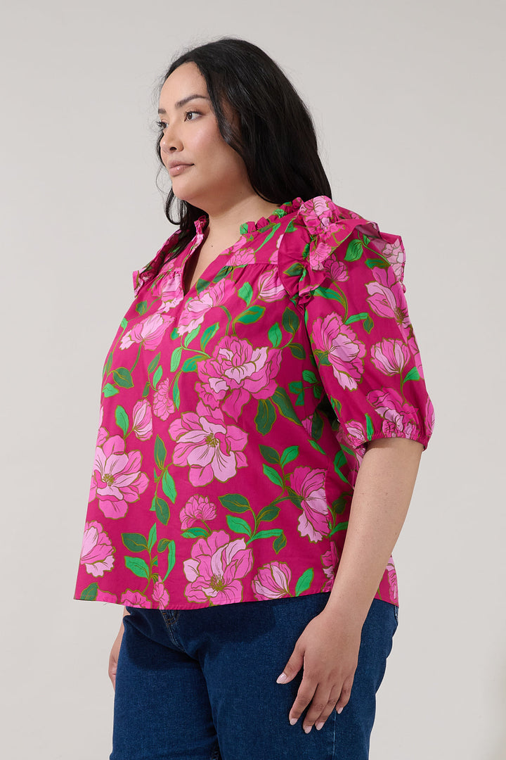 Paz Poplin Short Sleeve Top Floral Curve