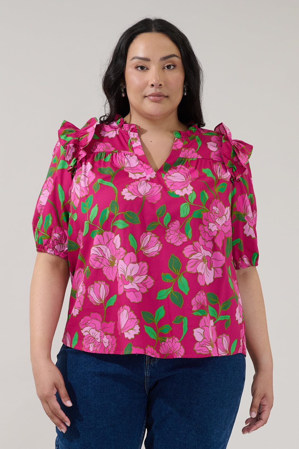 Paz Poplin Short Sleeve Top Floral Curve