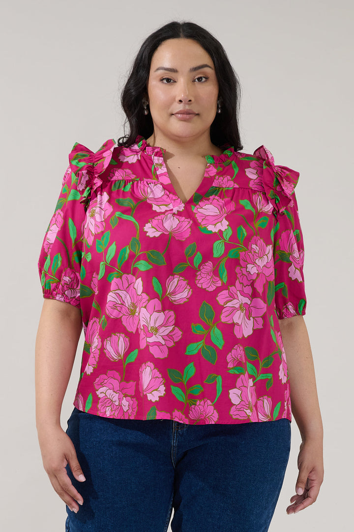 Paz Poplin Short Sleeve Top Floral Curve