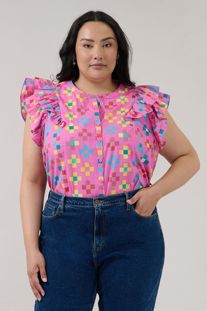 Sammi Button Down Ruffle Top Pixel Curve