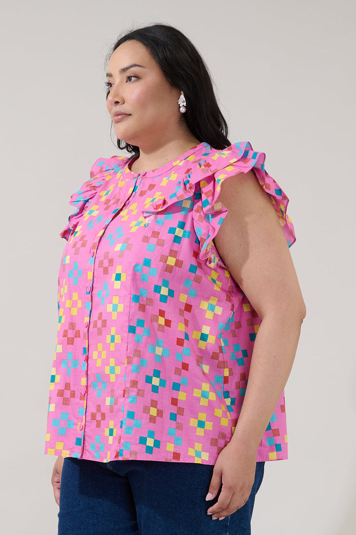 Sammi Button Down Ruffle Top Pixel Curve
