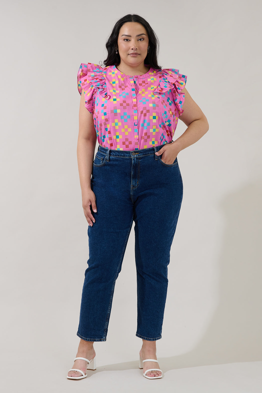 Sammi Button Down Ruffle Top Pixel Curve