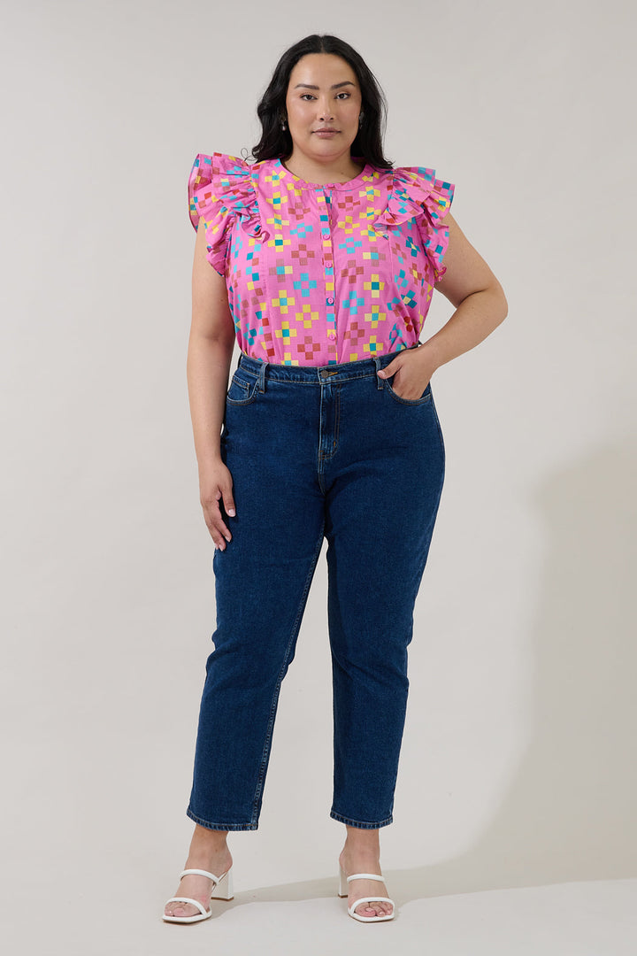 Sammi Button Down Ruffle Top Pixel Curve