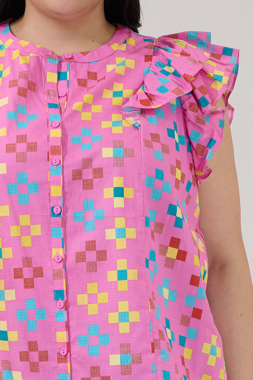 Sammi Button Down Ruffle Top Pixel Curve