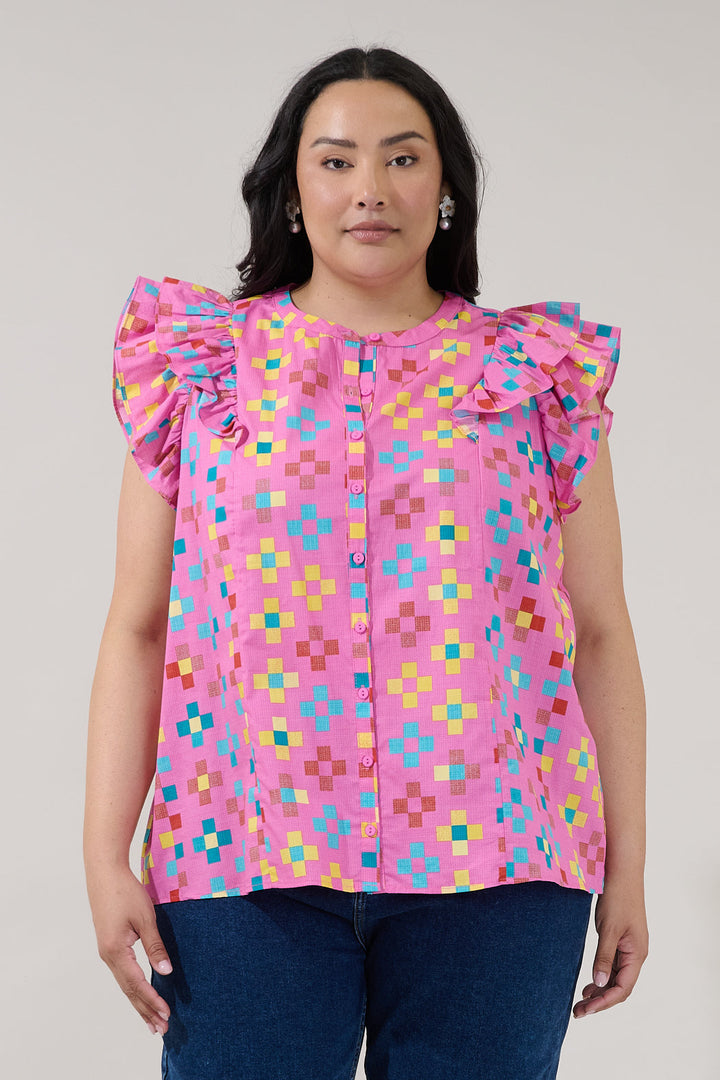 Sammi Button Down Ruffle Top Pixel Curve