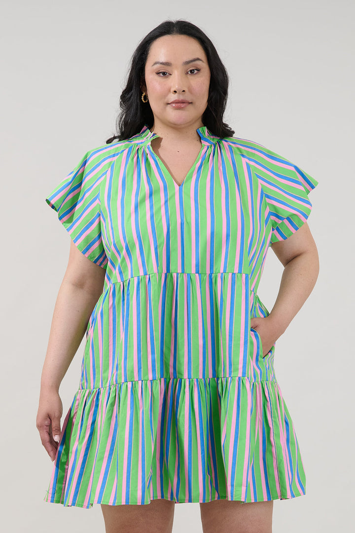 Janelly Poplin Tiered Mini Dress Stripe Curve