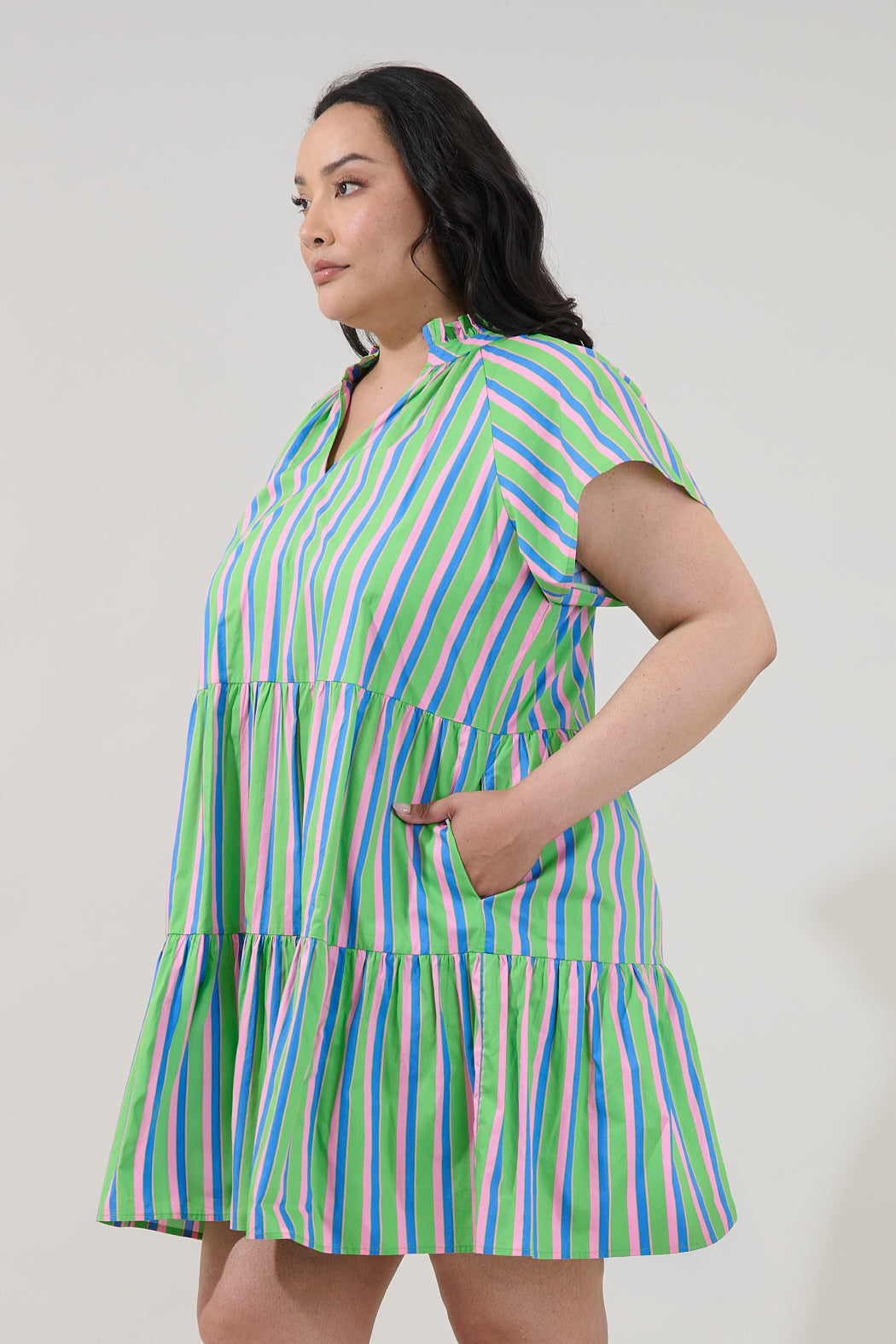 Janelly Poplin Tiered Mini Dress Stripe Curve