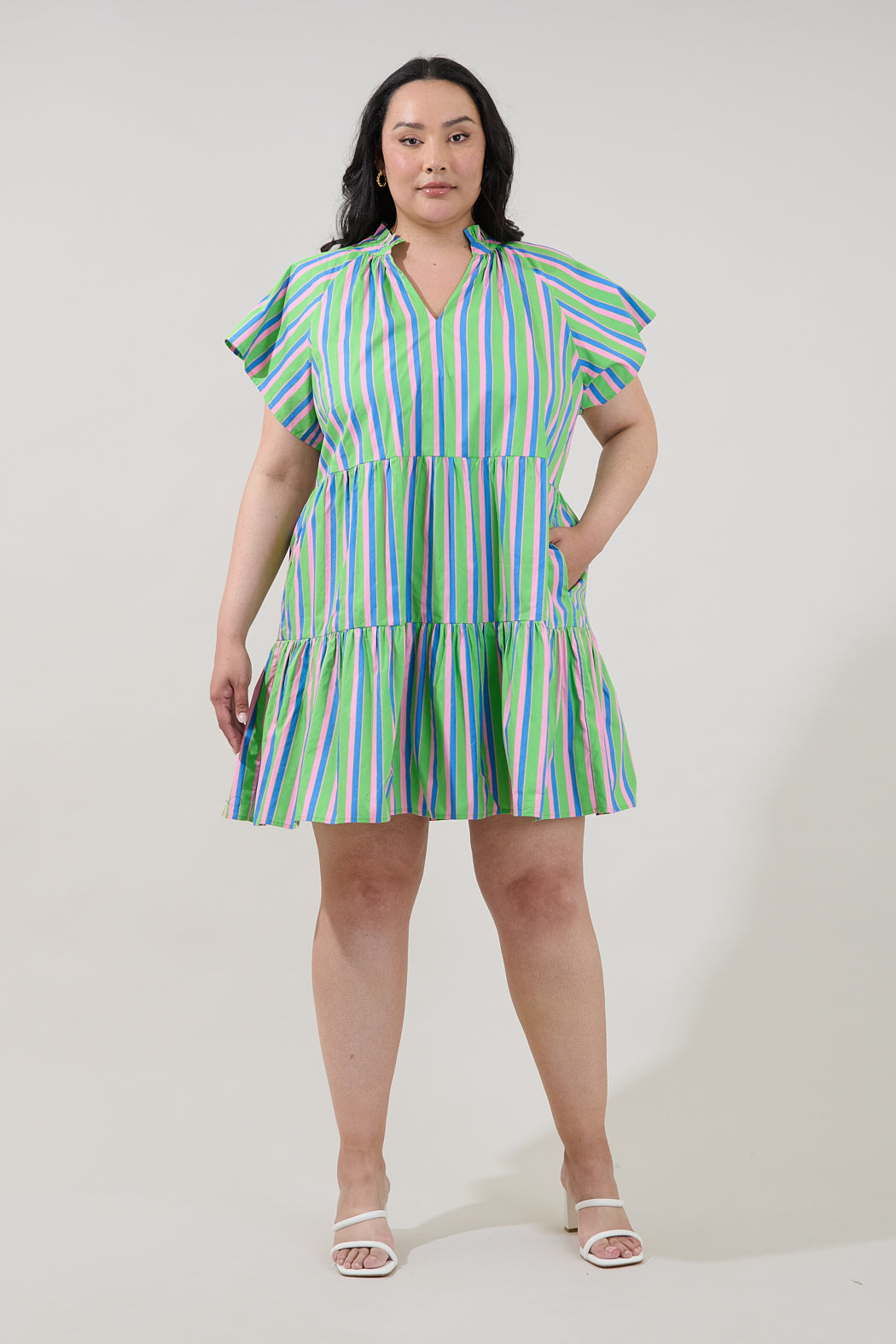 Janelly Poplin Tiered Mini Dress Stripe Curve