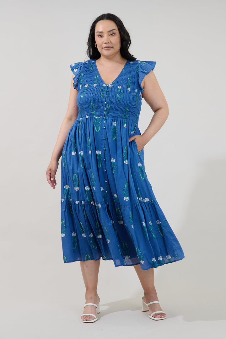 Angie Smocked Tiered Midi Dress Amena Floral Curve