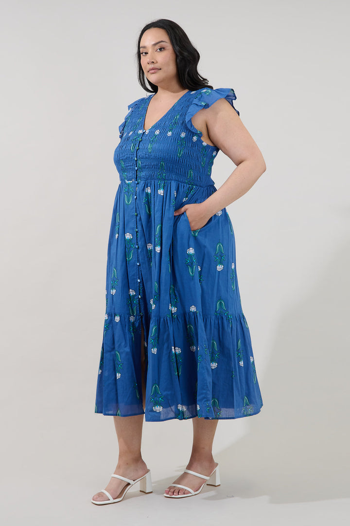 Angie Smocked Tiered Midi Dress Amena Floral Curve