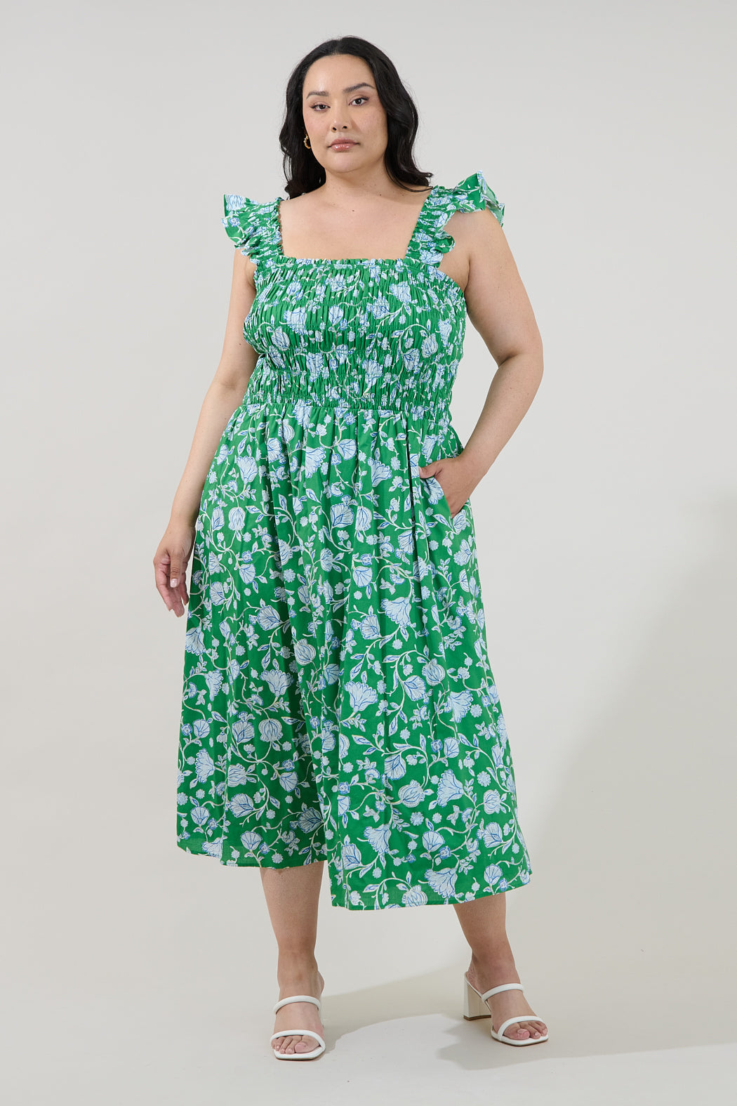 Heidi Smocked Midi Dress Mist Floral Curve