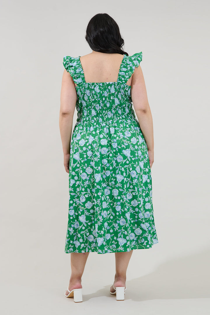 Heidi Smocked Midi Dress Mist Floral Curve