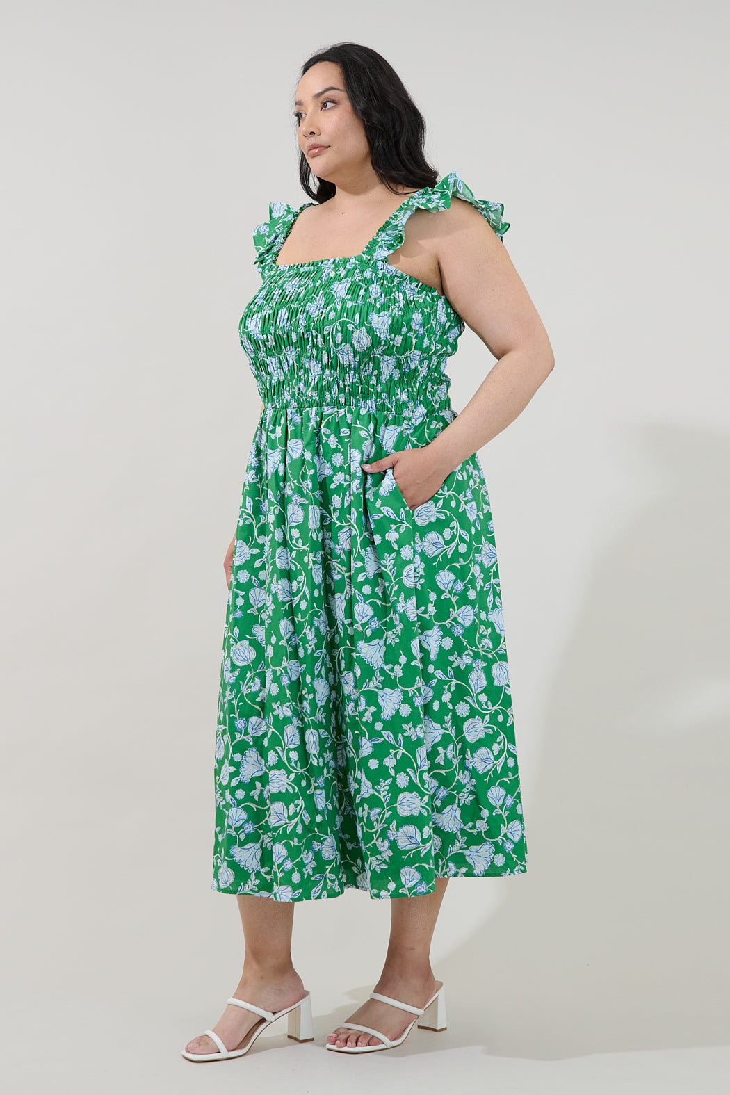 Heidi Smocked Midi Dress Mist Floral Curve