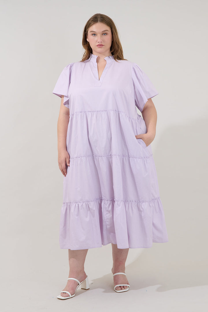 Noelle Split Neck Poplin Tiered Midi Dress Curve