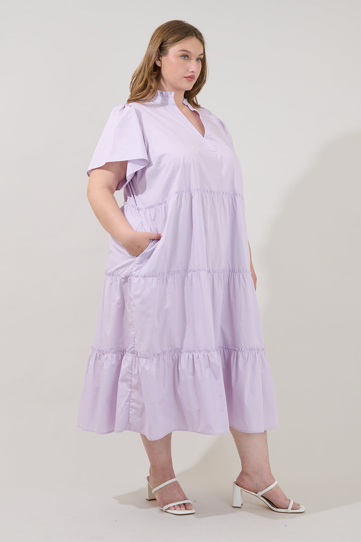 Noelle Split Neck Poplin Tiered Midi Dress Curve