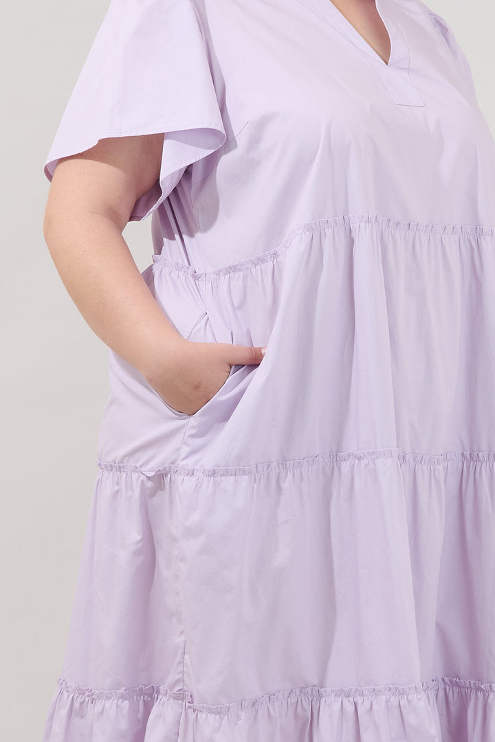 Noelle Split Neck Poplin Tiered Midi Dress Curve