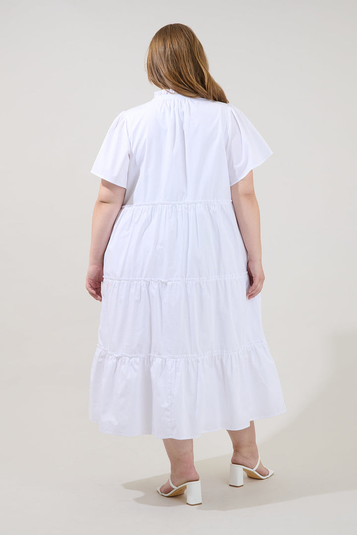 Noelle Split Neck Poplin Tiered Midi Dress Curve