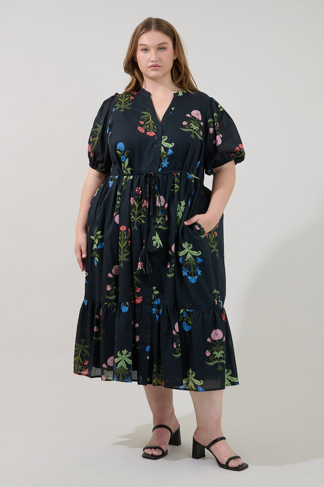 Beth Button Down Midi Dress Denory Floral Curve