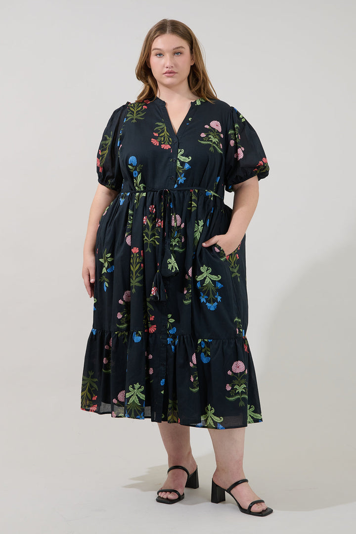 Beth Button Down Midi Dress Denory Floral Curve