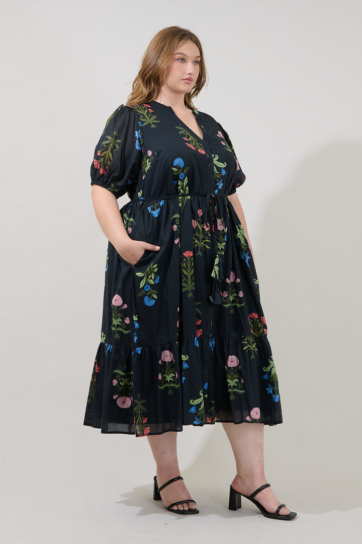 Beth Button Down Midi Dress Denory Floral Curve