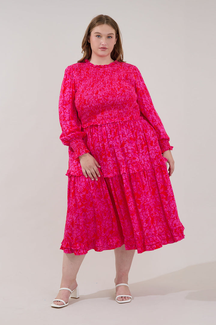 Seldy Smocked Midi Dress Rouge Floral Curve