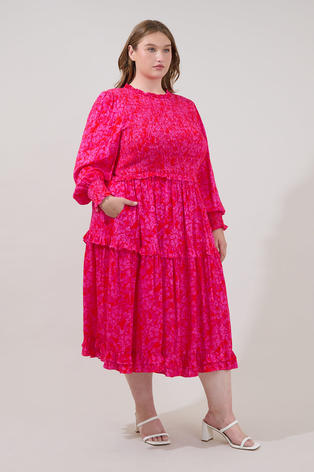 Seldy Smocked Midi Dress Rouge Floral Curve