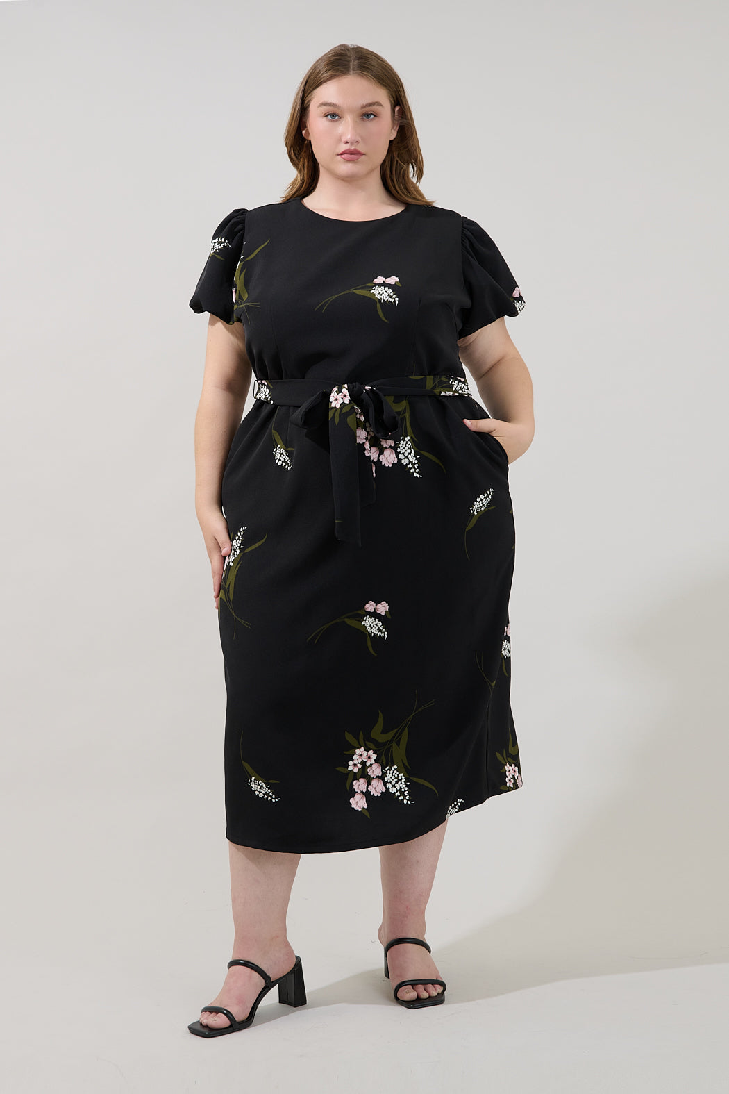 Senidy Puff Sleeve Midi Dress Floral Curve