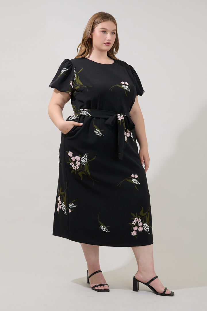 Senidy Puff Sleeve Midi Dress Floral Curve