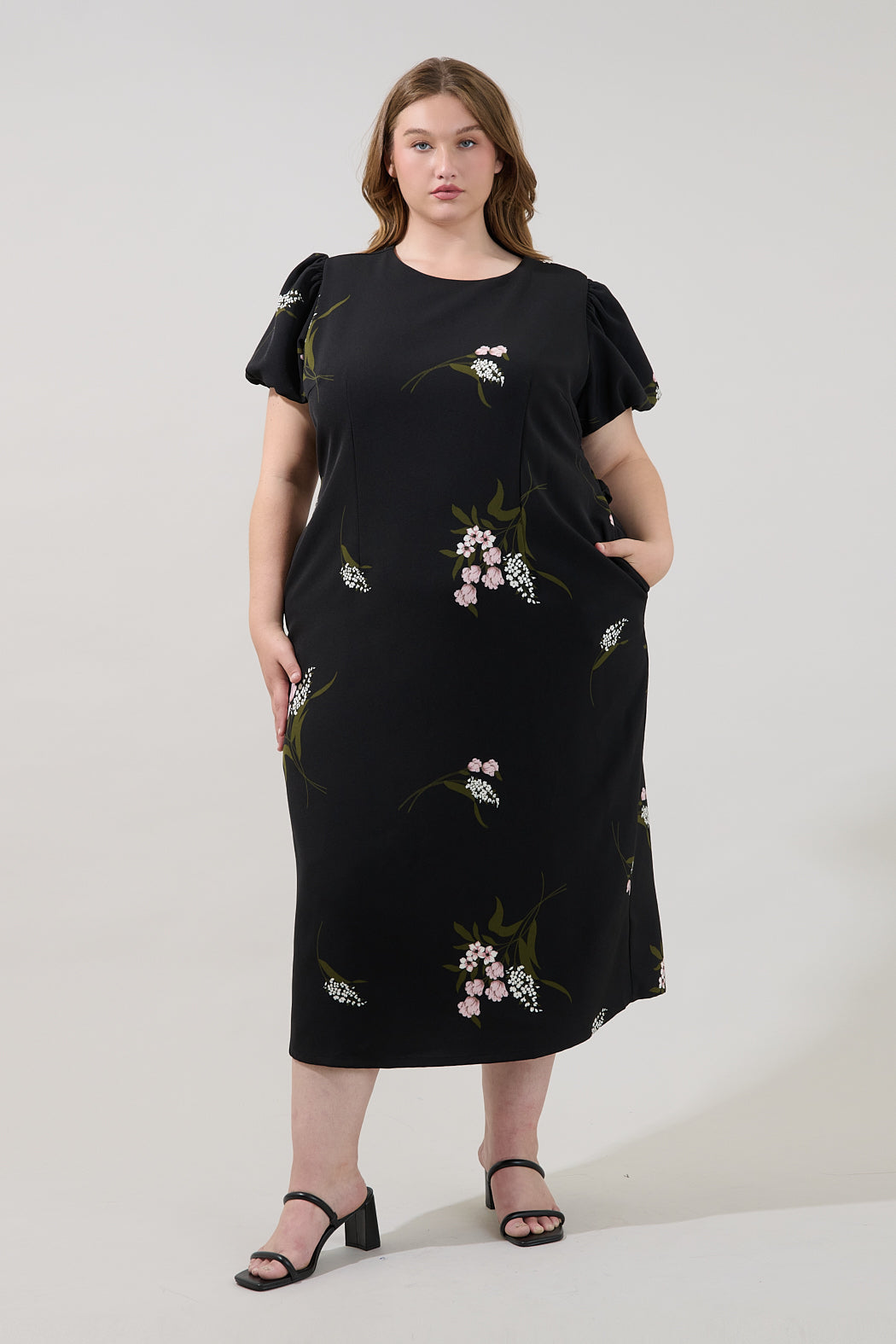 Senidy Puff Sleeve Midi Dress Floral Curve