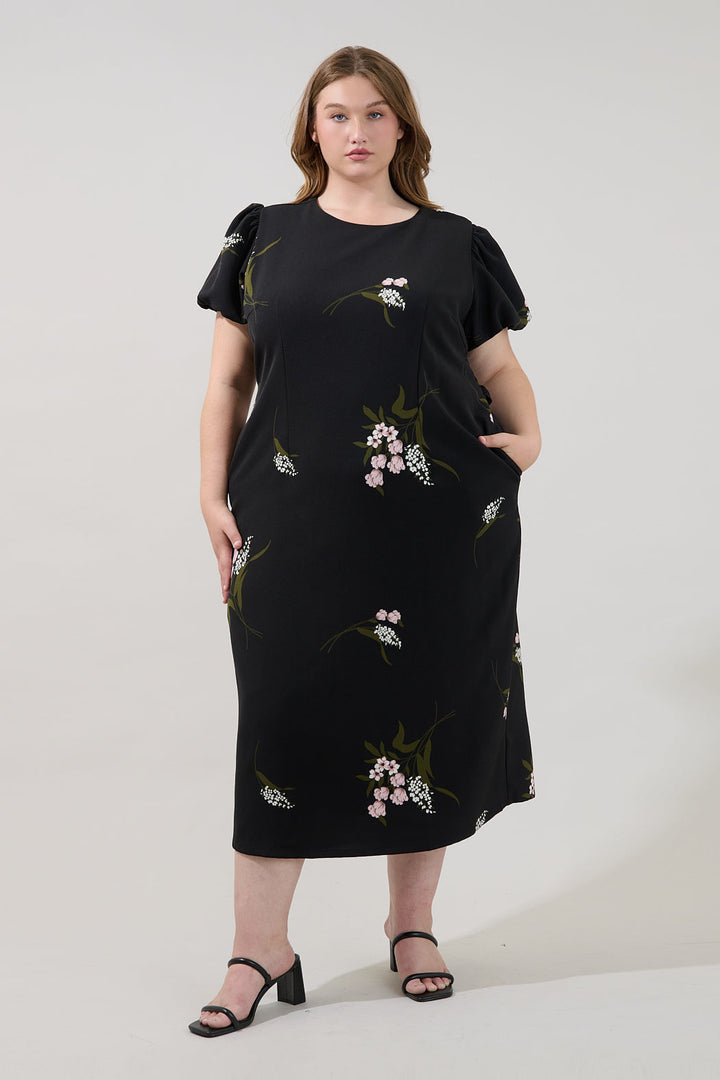 Senidy Puff Sleeve Midi Dress Floral Curve