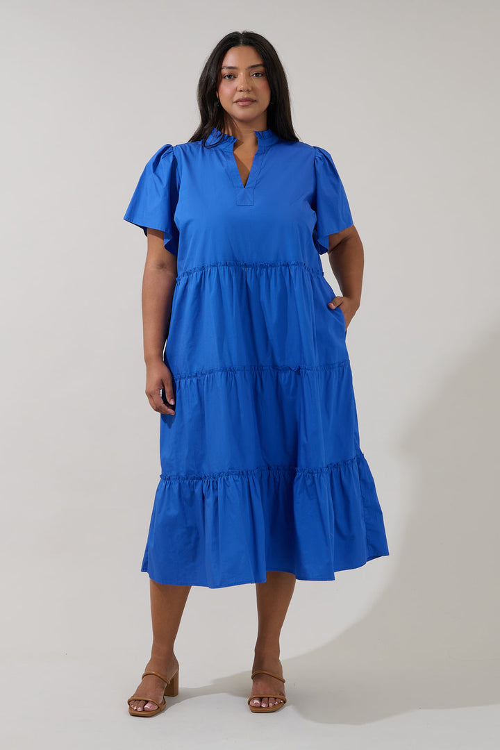 Noelle Split Neck Poplin Tiered Midi Dress Curve