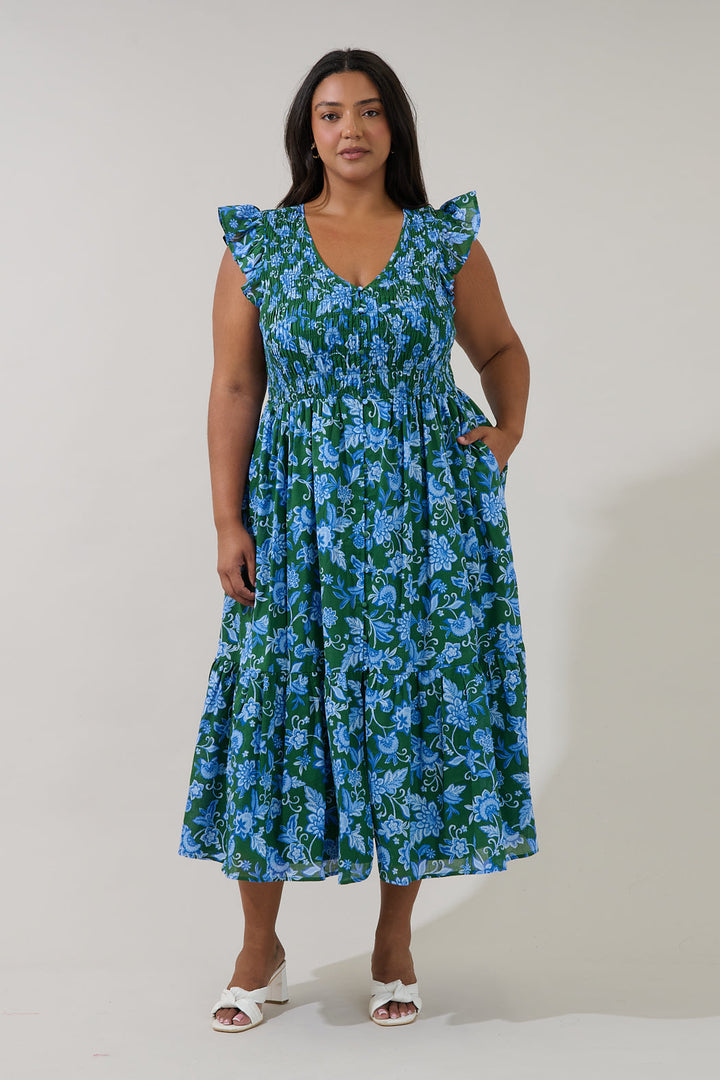 Angie Smocked Tiered Midi Dress Cornflower Curve