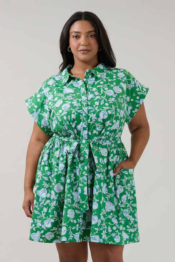 Rocky Button Down Mini Dress Mist Floral Curve