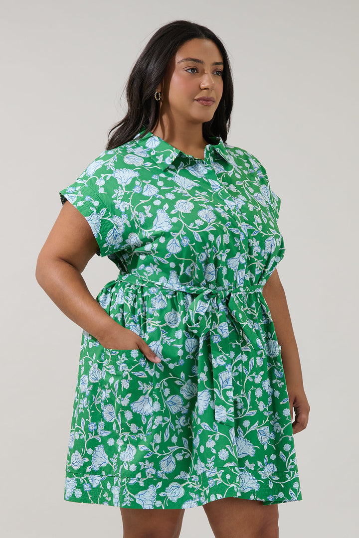Rocky Button Down Mini Dress Mist Floral Curve