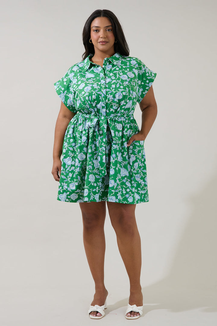 Rocky Button Down Mini Dress Mist Floral Curve