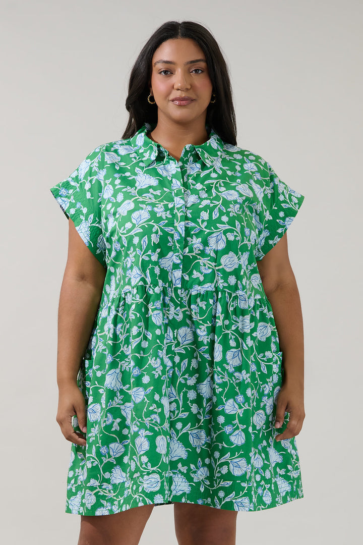 Rocky Button Down Mini Dress Mist Floral Curve