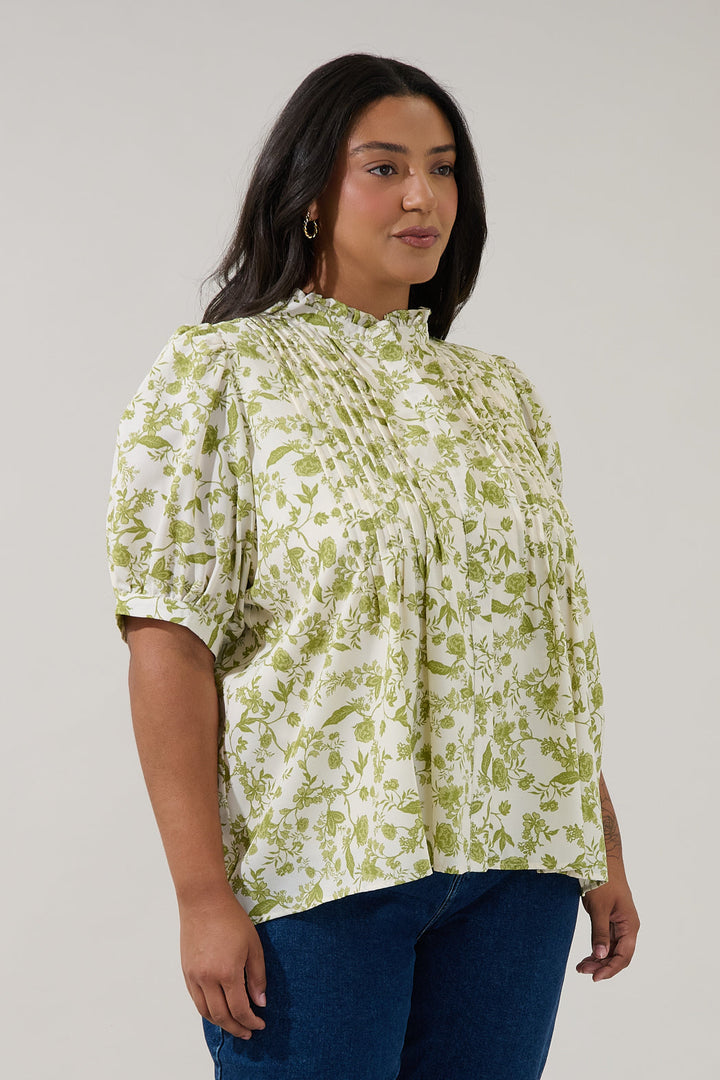 Elysia Pleated Blouse Floral Curve