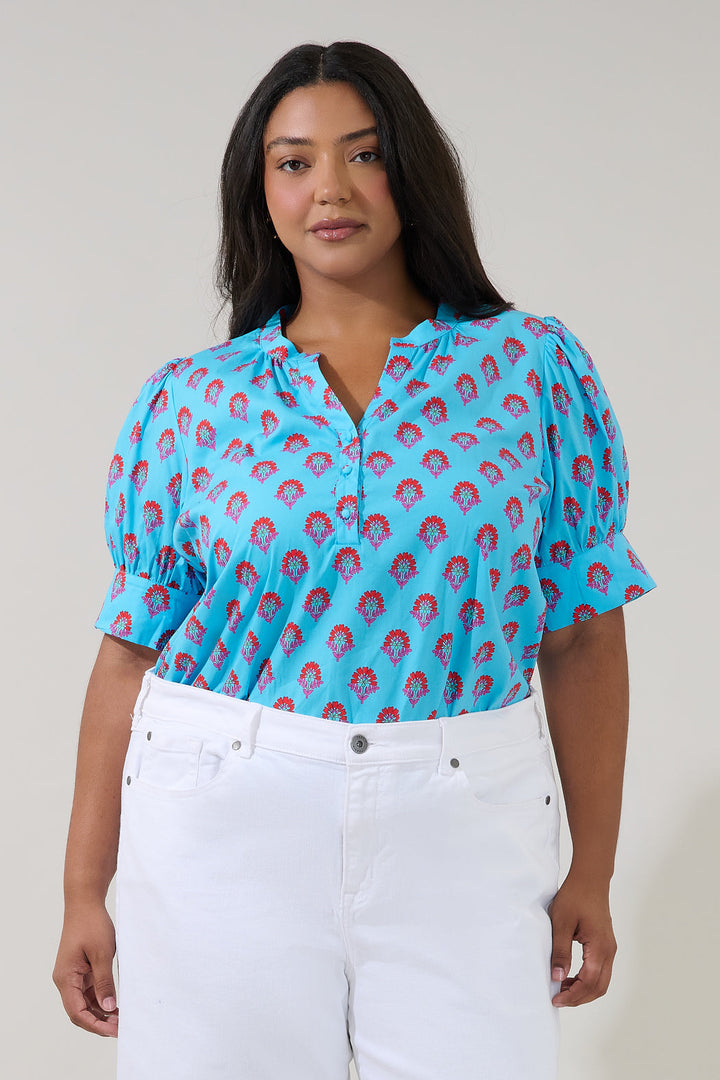 Rosio Button Split Neck Top Floral Curve