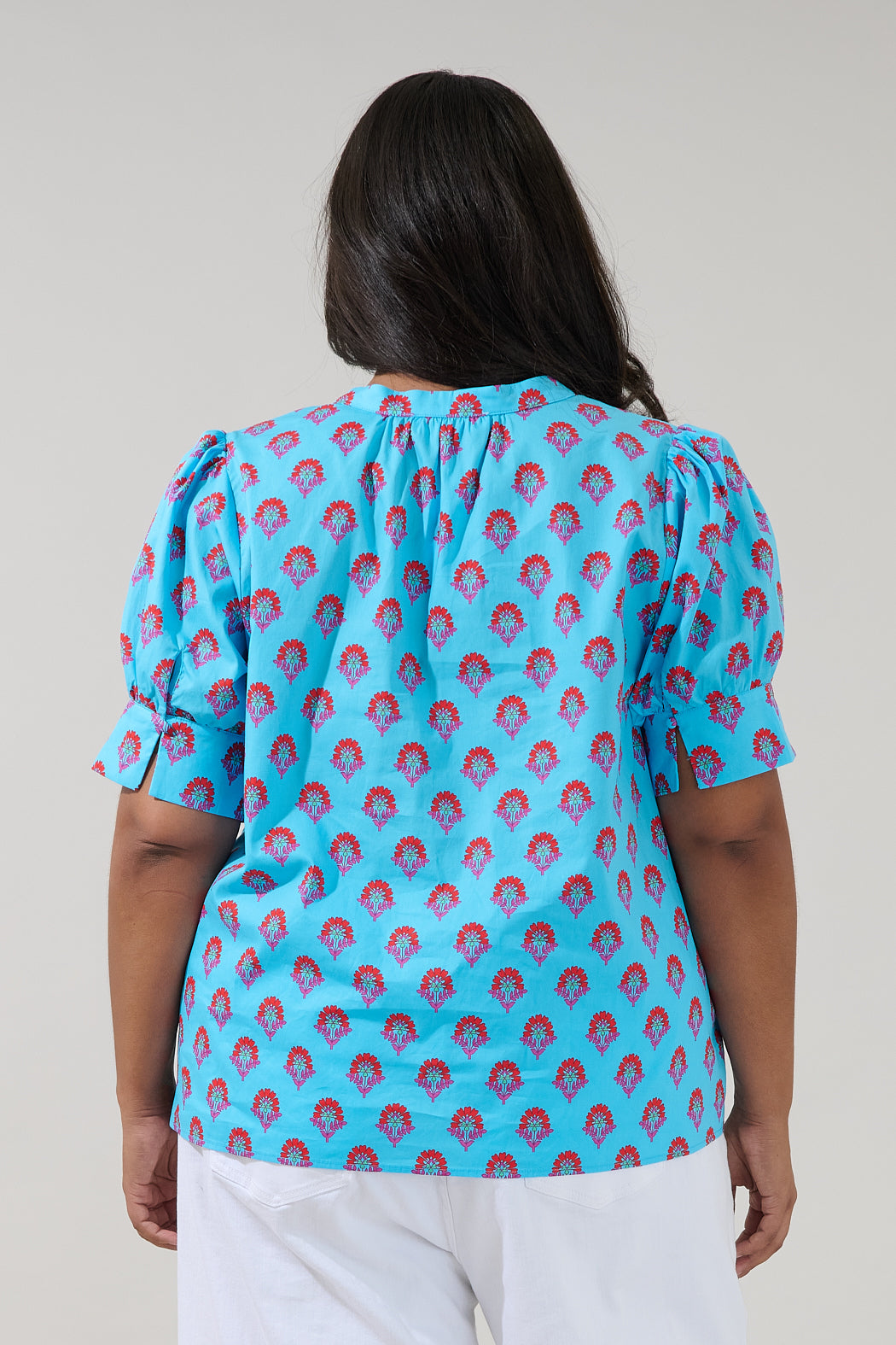 Rosio Button Split Neck Top Floral Curve