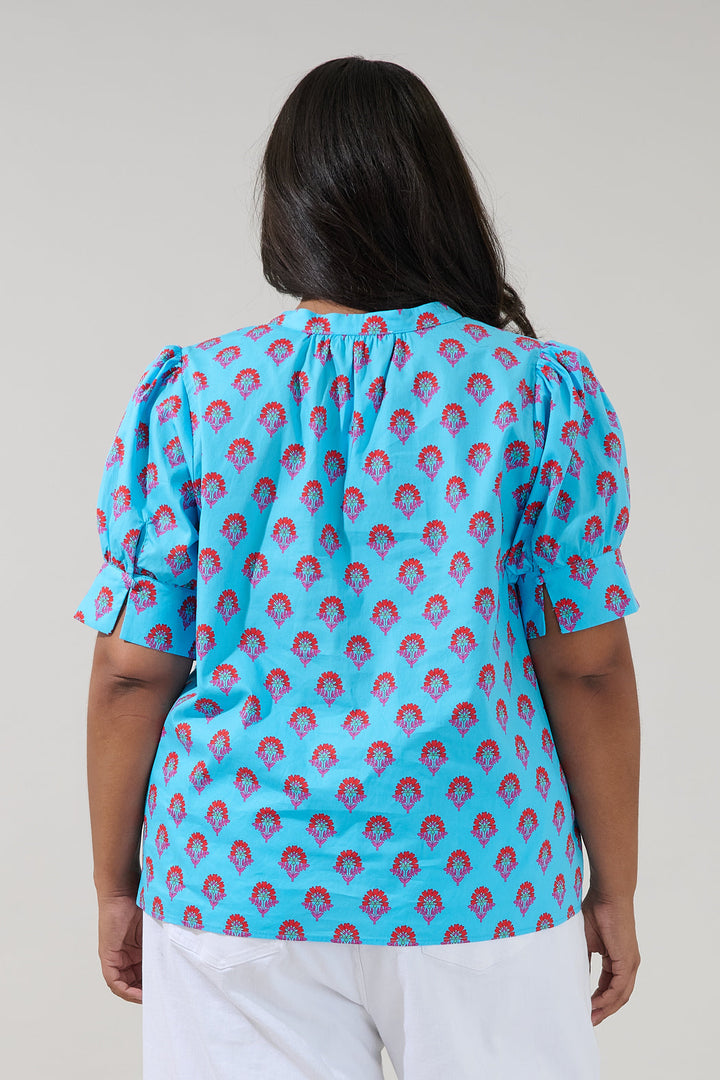 Rosio Button Split Neck Top Floral Curve