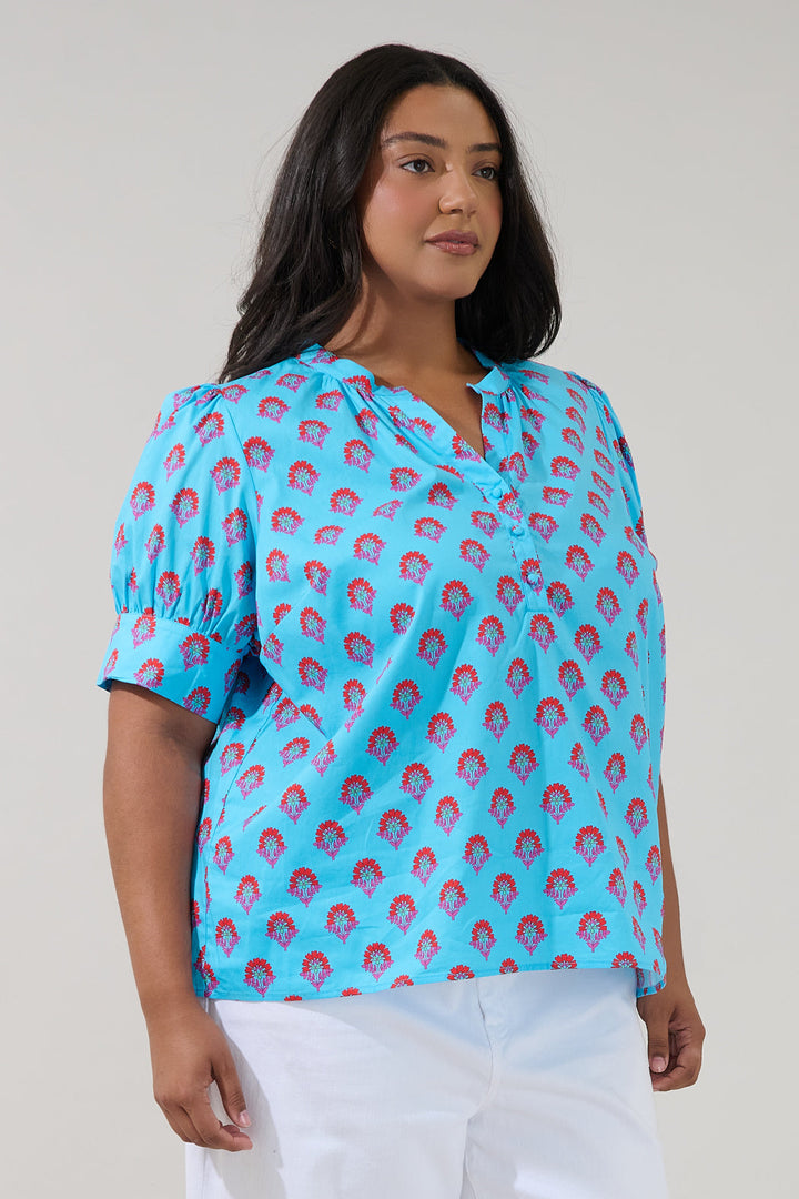 Rosio Button Split Neck Top Floral Curve