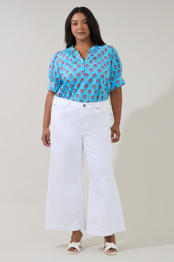 Rosio Button Split Neck Top Floral Curve