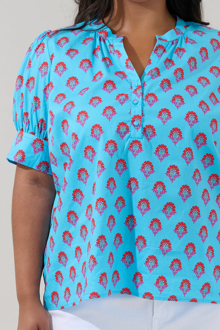 Rosio Button Split Neck Top Floral Curve