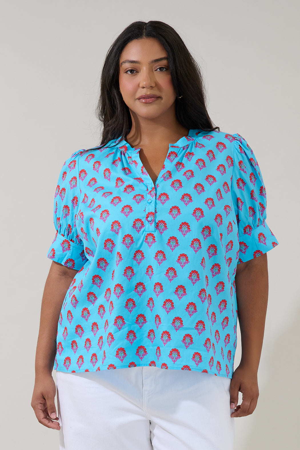 Rosio Button Split Neck Top Floral Curve