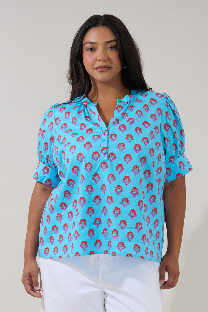 Rosio Button Split Neck Top Floral Curve