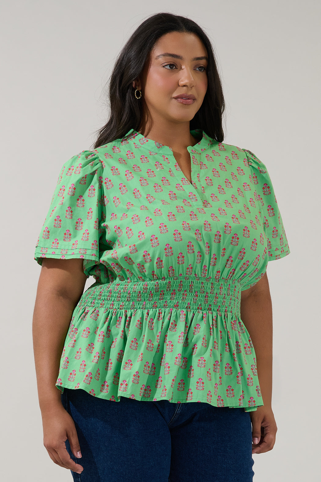 Milen Smocked Peplum Top Raidy Floral Curve