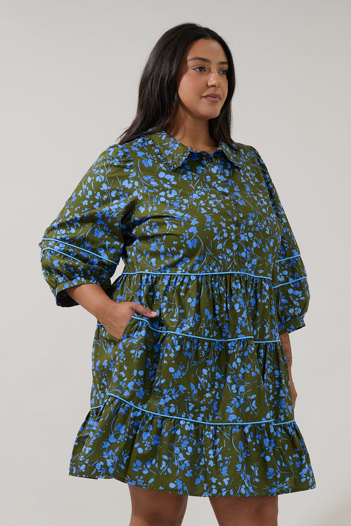 Retra Collared Tiered Mini Dress Solvay Floral Curve