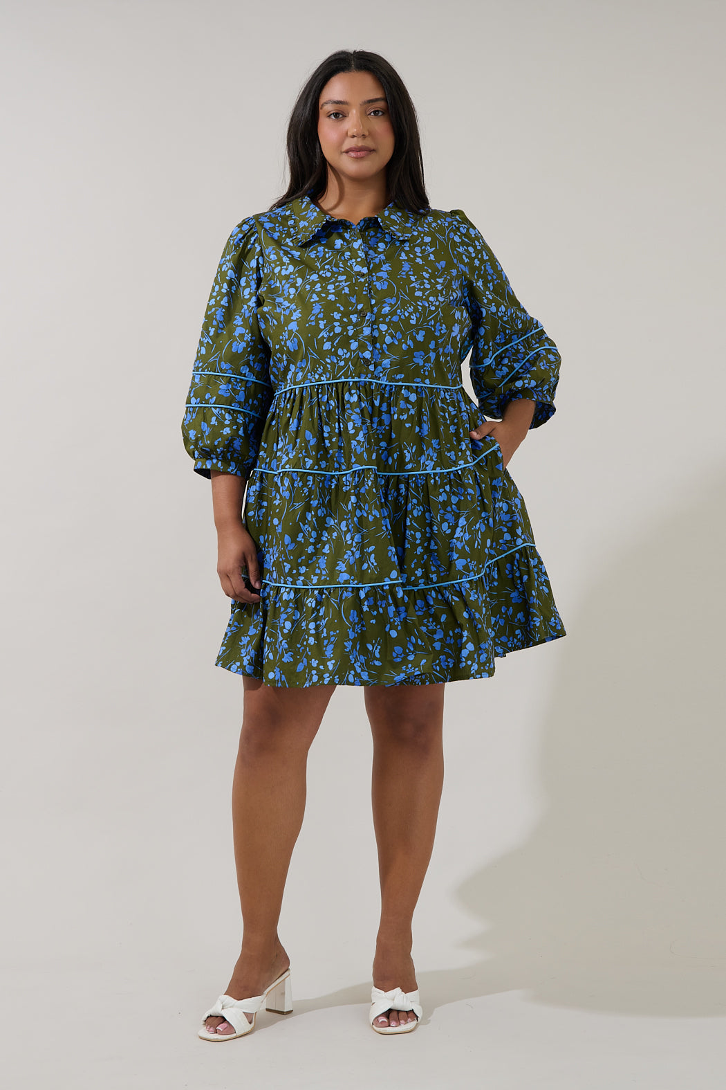 Retra Collared Tiered Mini Dress Solvay Floral Curve