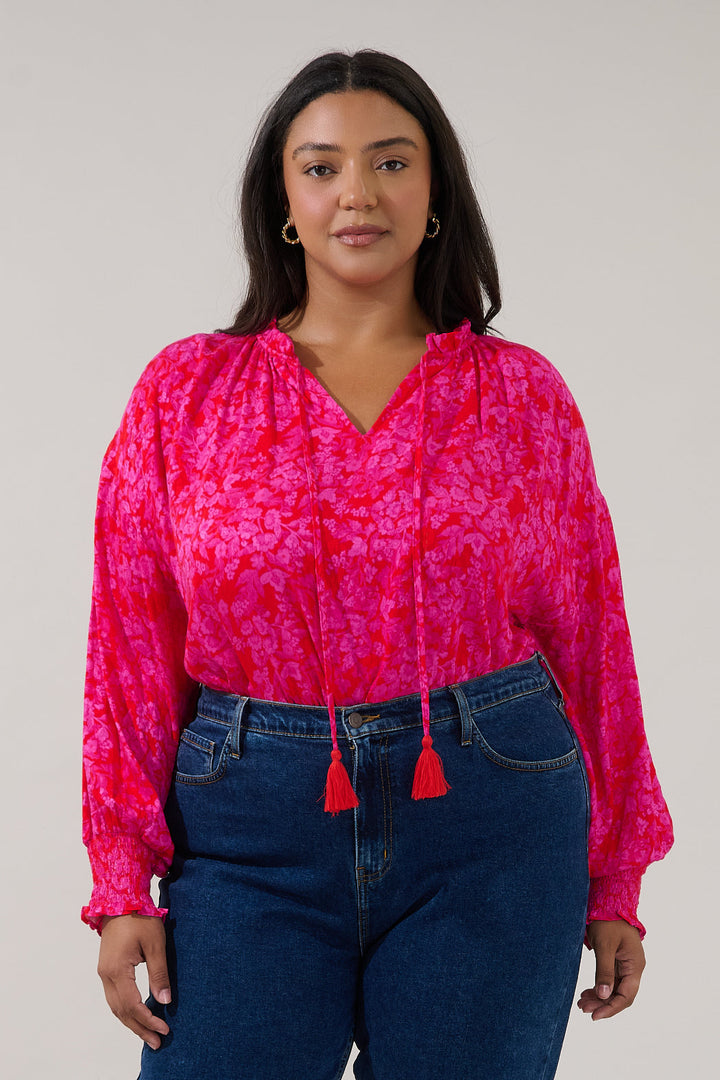 Weylin Split Neck Blouse Rouge Floral Curve
